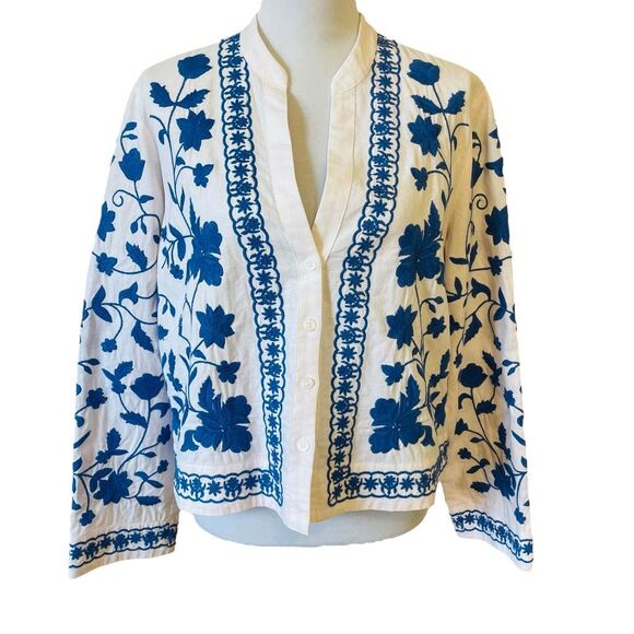 Zara Embroidered Cotton Button Down Overshirt Light Jacket White and Blue Size L - Picture 1 of 12